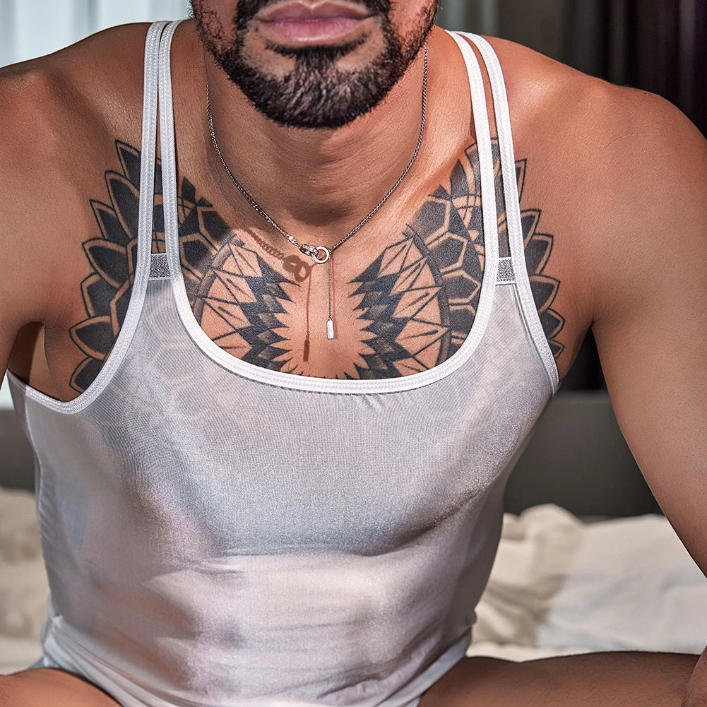 a sexy man in white Hotel Lobby Lingerie Glossy Tank - pridevoyageshop.com - gay men’s harness, lingerie and fetish wear