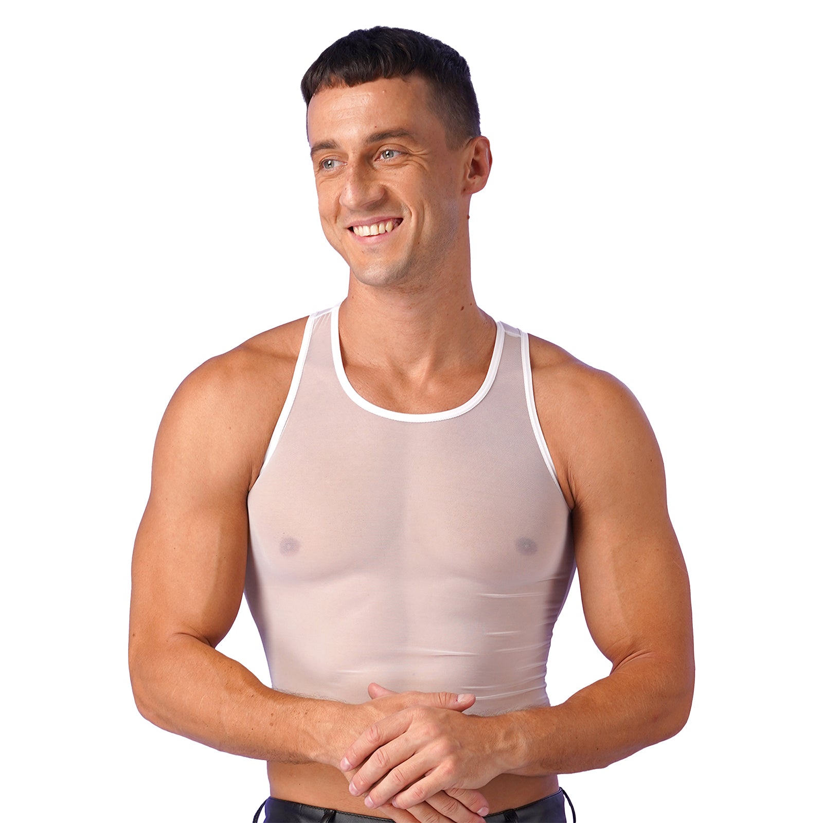 a sexy man in white Locker Room Mirage Sheer Crop Tank - pridevoyageshop.com - gay men’s harness, lingerie and fetish wear