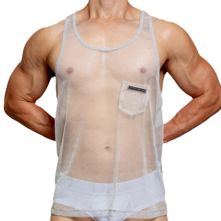 a sexy man in white Look Dont Touch Mesh Tank – pridevoyageshopcom – gay mens clubwear mesh tanks crop tops fashion tops partywear activewear