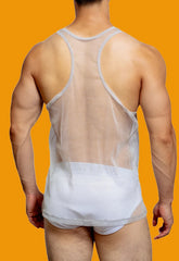 a sexy man in white Look Dont Touch Mesh Tank – pridevoyageshopcom – gay mens clubwear mesh tanks crop tops fashion tops partywear activewear