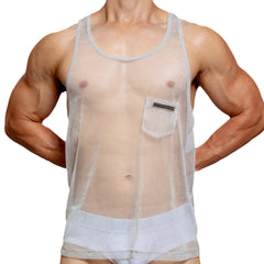 a sexy man in white Look Dont Touch Mesh Tank – pridevoyageshopcom – gay mens clubwear mesh tanks crop tops fashion tops partywear activewear
