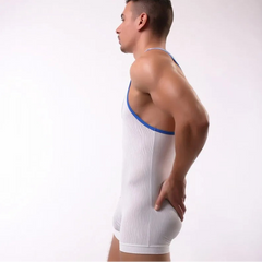 a sexy man in white Men’s Adrenaline Neon-Trim Wave Singlet – pridevoyageshop.com – gay men’s harness, lingerie and fetish wear