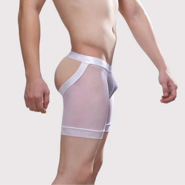 a sexy man in white Men's Bare Cheeks Sheer Jock Shorts