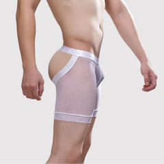 a sexy man in white Men's Bare Cheeks Sheer Jock Shorts