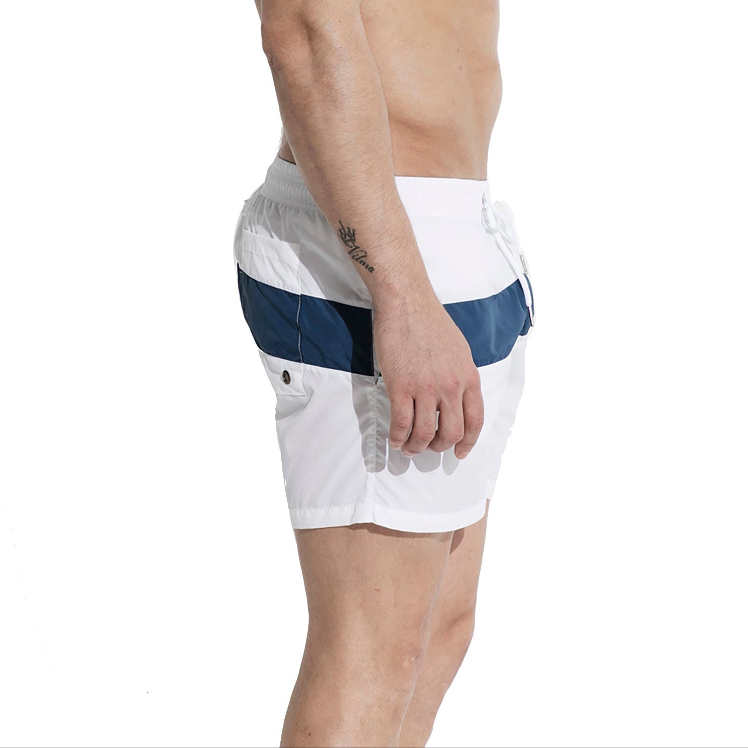 a sexy man in white Men’s Block Party Volley Swim Short – pridevoyageshop.com – gay men’s sexy swim briefs, trunks, board shorts, and bikinis