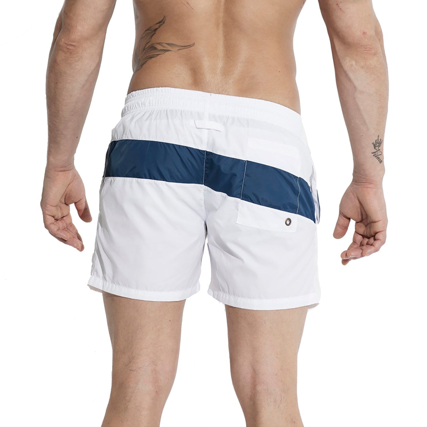 a sexy man in white Men’s Block Party Volley Swim Short – pridevoyageshop.com – gay men’s sexy swim briefs, trunks, board shorts, and bikinis