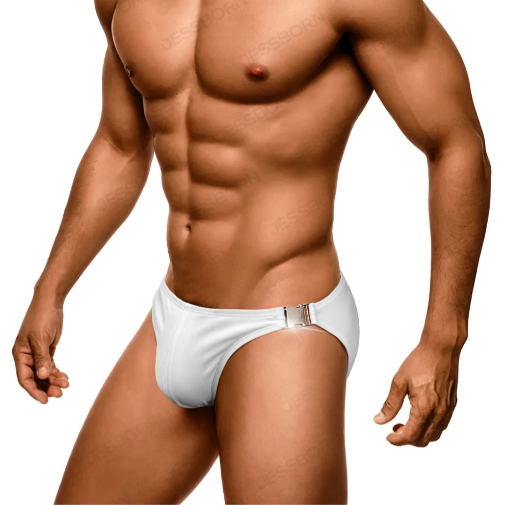 a sexy man in white Men’s Climax Buckle Bulge Swim Briefs - pridevoyageshop.com - gay men’s sexy swim briefs, trunks, board shorts, and bikinis