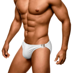 a sexy man in white Men’s Climax Buckle Bulge Swim Briefs - pridevoyageshop.com - gay men’s sexy swim briefs, trunks, board shorts, and bikinis