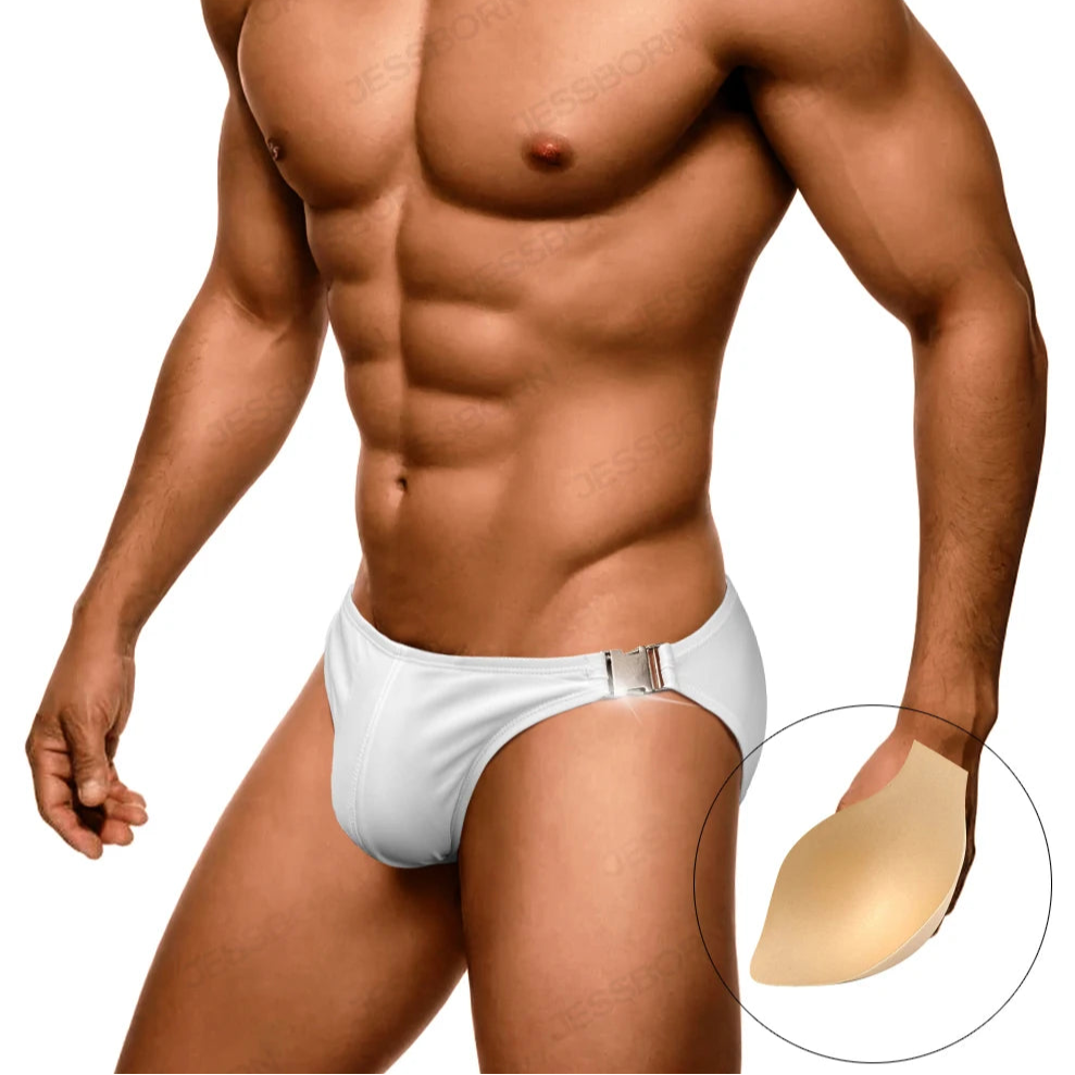 a sexy man in white Men’s Climax Buckle Bulge Swim Briefs with pad - pridevoyageshop.com - gay men’s sexy swim briefs, trunks, board shorts, and bikinis