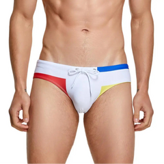 a sexy man in white Men’s Colorblock Bait Swim Briefs - pridevoyageshop.com - gay men’s sexy swim briefs, trunks, board shorts, and bikinis