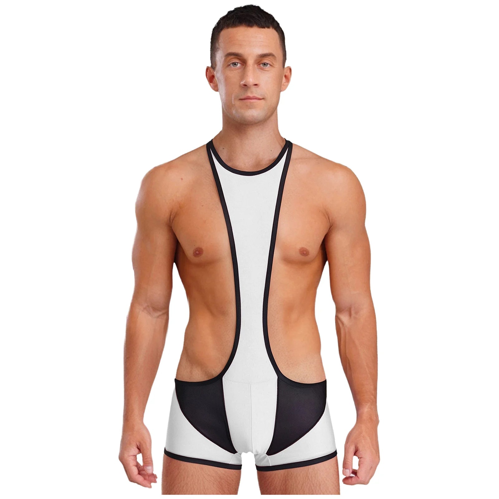 a sexy man in white Men’s Glimpse Cutout Mesh Singlet – pridevoyageshop.com – gay men’s harness, lingerie and fetish wear