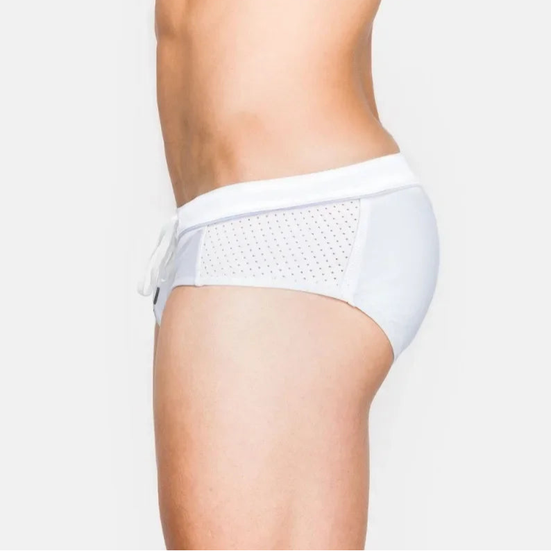 a sexy man in white Men’s Hole Patrol Side Mesh Swim Briefs - pridevoyageshop.com - gay men’s sexy swim briefs, trunks, board shorts, and bikinis
