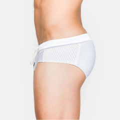 a sexy man in white Men’s Hole Patrol Side Mesh Swim Briefs - pridevoyageshop.com - gay men’s sexy swim briefs, trunks, board shorts, and bikinis