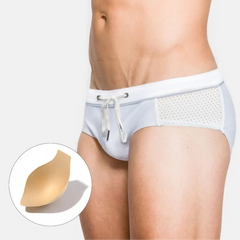 a sexy man in white Men’s Hole Patrol Side Mesh Swim Briefs with pad- pridevoyageshop.com - gay men’s sexy swim briefs, trunks, board shorts, and bikinis