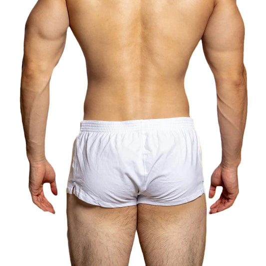 a sexy man in white Men’s Hunt Mode Low-Rise Gym Shorts – pridevoyageshop.com – gay men’s sexy swim briefs, trunks, board shorts, and bikinis
