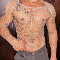 a sexy man in white Men’s Long Sleeve Fishnet T-Shirt - pridevoyageshop.com - gay men’s harness, lingerie and fetish wear