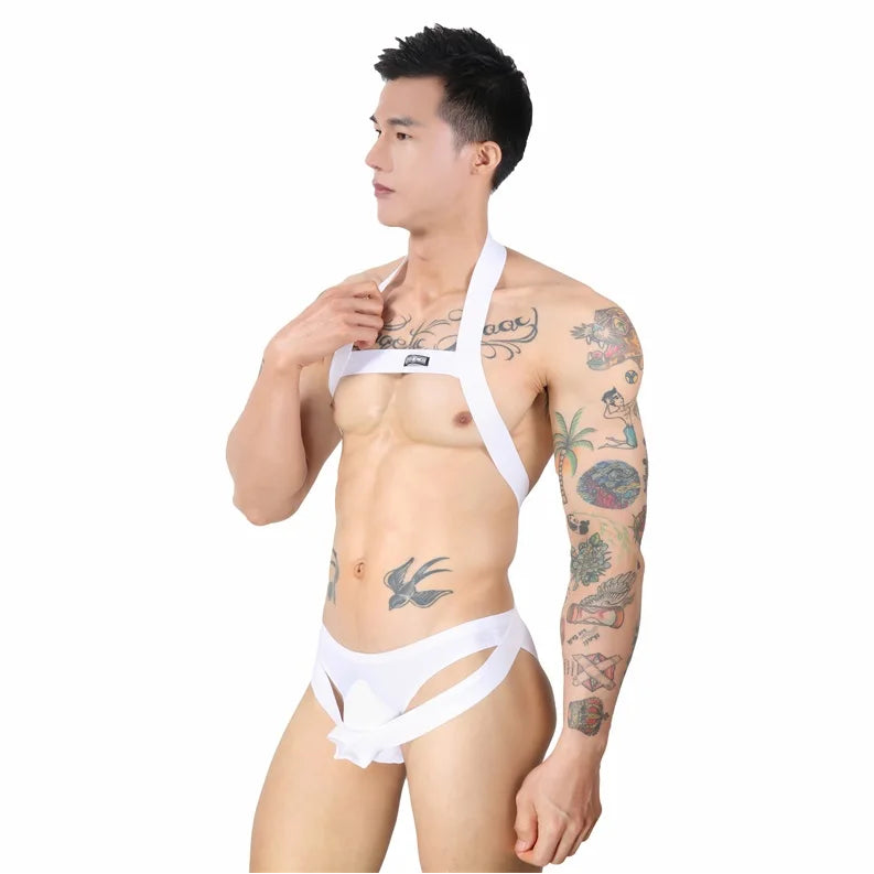 a sexy man in white Men’s Minimalism Connect Bondage Harness – pridevoyageshop.com – gay men’s harness, lingerie and fetish wear