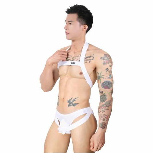 a sexy man in white Men’s Minimalism Connect Bondage Harness – pridevoyageshop.com – gay men’s harness, lingerie and fetish wear