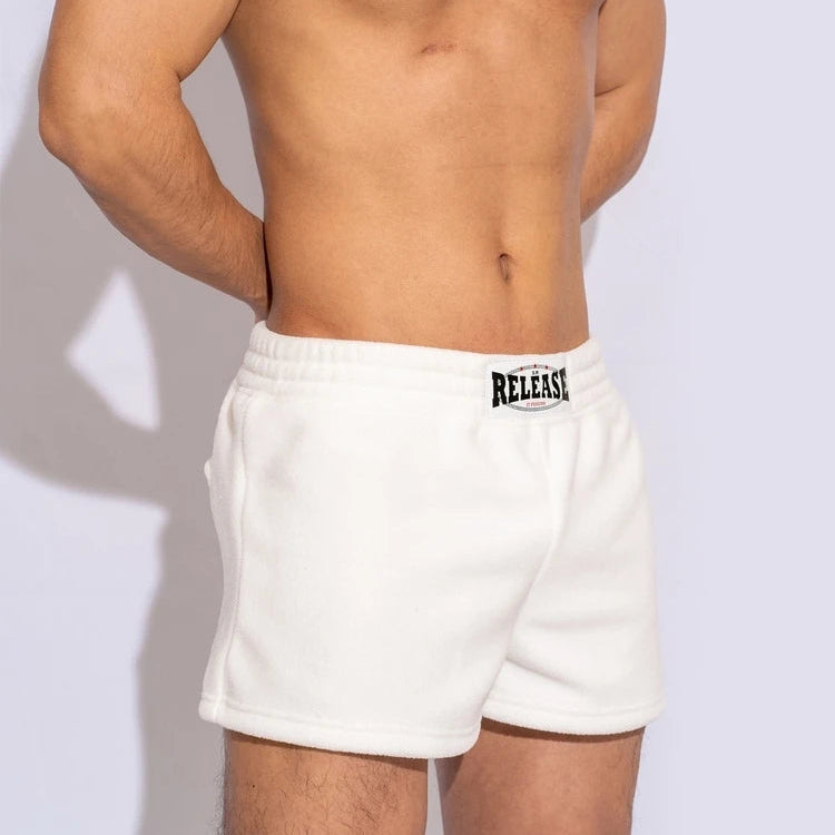 a sexy man in white Men’s Night Shift Fleece Lounge Shorts – pridevoyageshop.com – gay men’s sexy swim briefs, trunks, board shorts, and bikinis