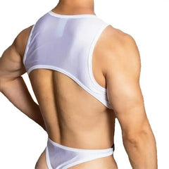 a sexy man in white Men’s Open Circuit Bodysuit – pridevoyageshop.com – gay men’s harness, lingerie and fetish wear