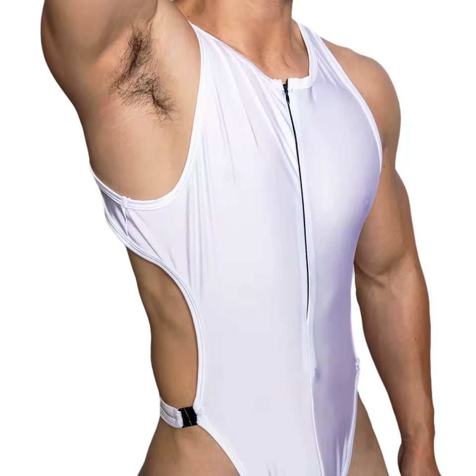 a sexy man in white Men’s Open Circuit Bodysuit – pridevoyageshop.com – gay men’s harness, lingerie and fetish wear