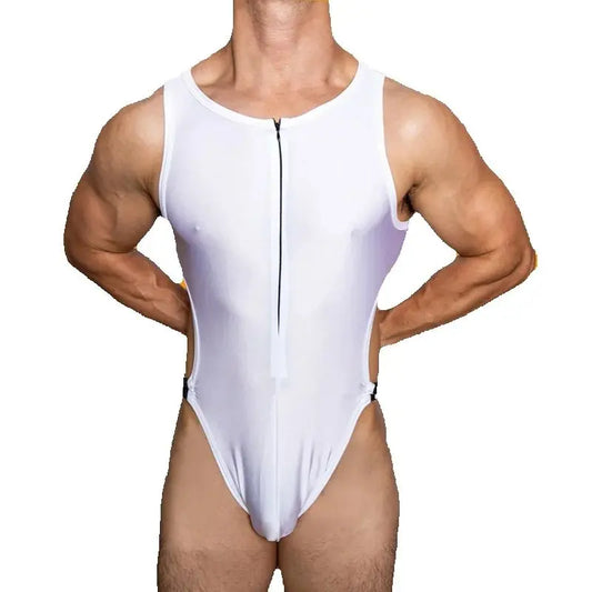 a sexy man in white Men’s Open Circuit Bodysuit – pridevoyageshop.com – gay men’s harness, lingerie and fetish wear