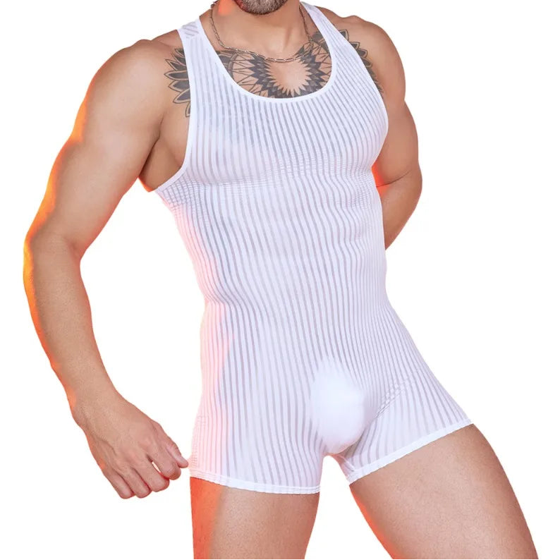 a sexy man in white Men’s Optical Stripe Sheer Singlet – pridevoyageshop.com – gay men’s harness, lingerie and fetish wear