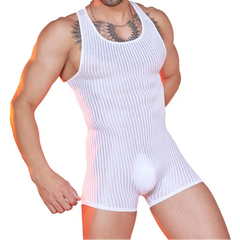 a sexy man in white Men’s Optical Stripe Sheer Singlet – pridevoyageshop.com – gay men’s harness, lingerie and fetish wear