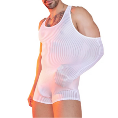a sexy man in white Men’s Optical Stripe Sheer Singlet – pridevoyageshop.com – gay men’s harness, lingerie and fetish wear