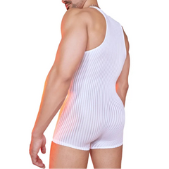 a sexy man in white Men’s Optical Stripe Sheer Singlet – pridevoyageshop.com – gay men’s harness, lingerie and fetish wear