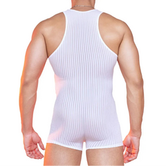 a sexy man in white Men’s Optical Stripe Sheer Singlet – pridevoyageshop.com – gay men’s harness, lingerie and fetish wear