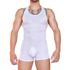 a sexy man in white Men’s Optical Stripe Sheer Singlet – pridevoyageshop.com – gay men’s harness, lingerie and fetish wear