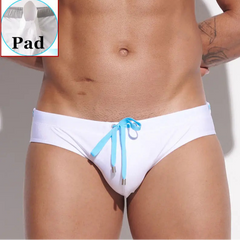 a sexy man in white Men’s Poolside Power Bottom Swim Briefs with pad - pridevoyageshop.com - gay men’s sexy swim briefs, trunks, board shorts, and bikinis
