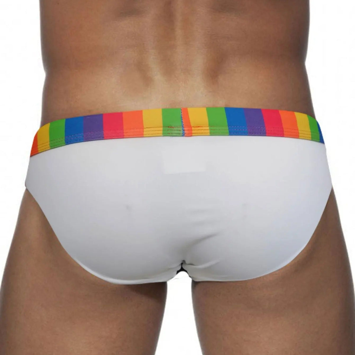 a sexy man in white Men’s Pride Patrol Rainbow Band Swim Briefs - pridevoyageshop.com - gay men’s sexy swim briefs, trunks, board shorts, and bikinis