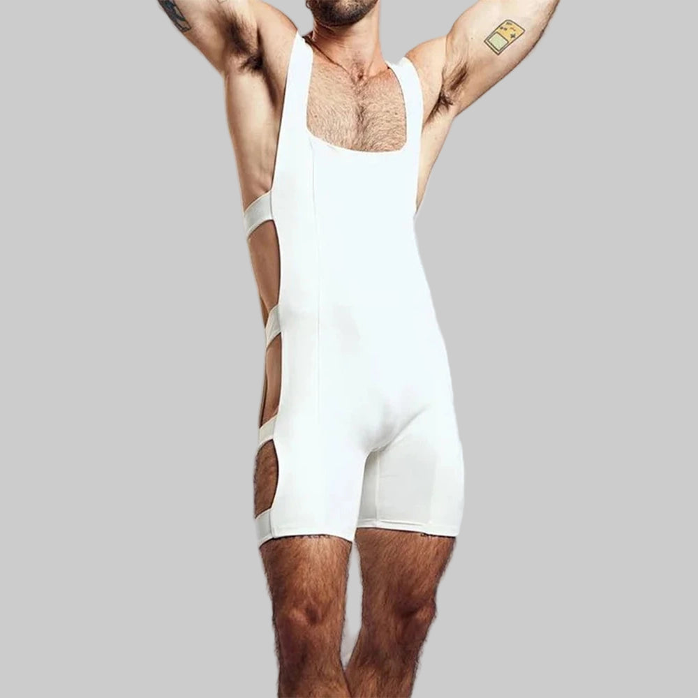 a sexy man in white Men’s Side Quest Cutout Singlet – pridevoyageshop.com – gay men’s harness, lingerie and fetish wear
