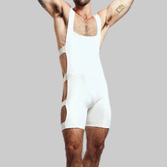 a sexy man in white Men’s Side Quest Cutout Singlet – pridevoyageshop.com – gay men’s harness, lingerie and fetish wear