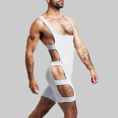 a sexy man in white Men’s Side Quest Cutout Singlet – pridevoyageshop.com – gay men’s harness, lingerie and fetish wear
