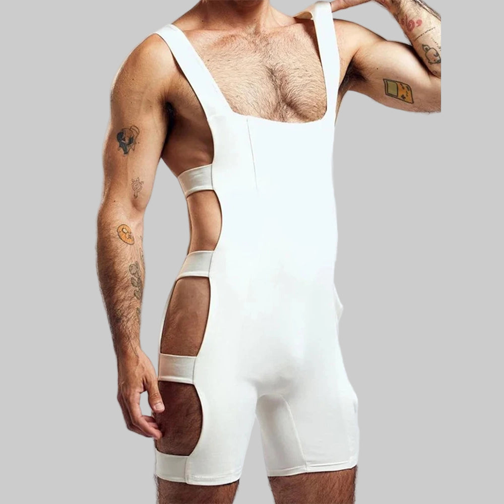 a sexy man in white Men’s Side Quest Cutout Singlet – pridevoyageshop.com – gay men’s harness, lingerie and fetish wear