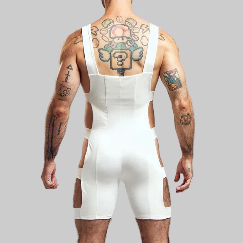 a sexy man in white Men’s Side Quest Cutout Singlet – pridevoyageshop.com – gay men’s harness, lingerie and fetish wear