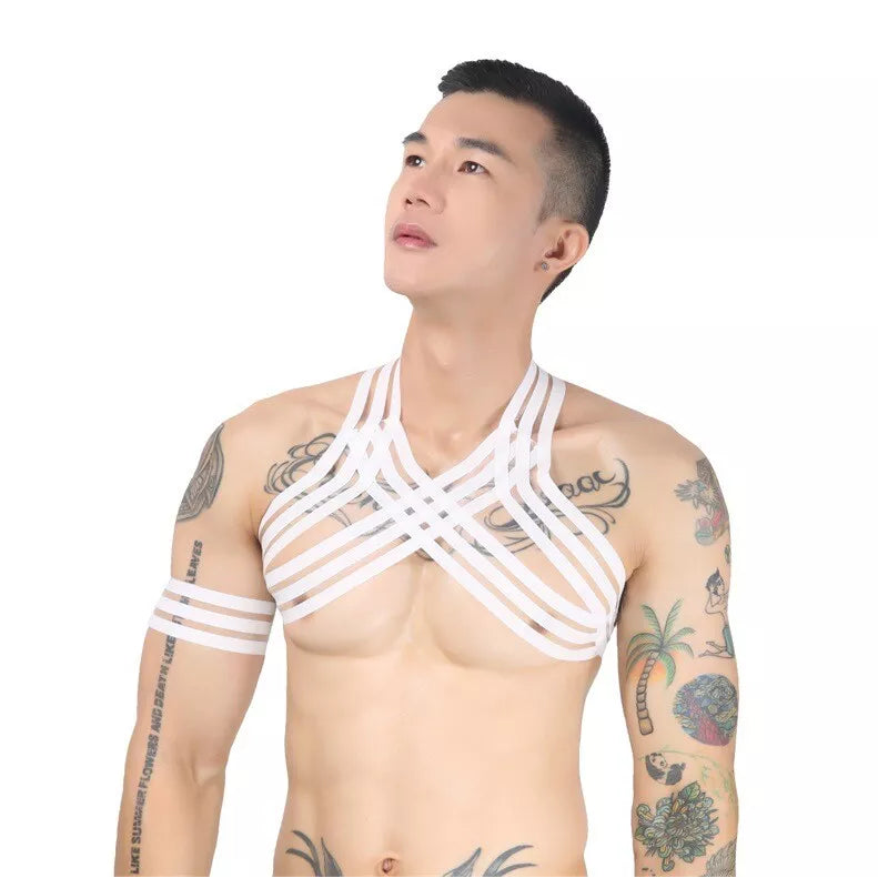 a sexy man in white Men’s The Lewk Chest Harness Set – pridevoyageshop.com – gay men’s harness, lingerie and fetish wear