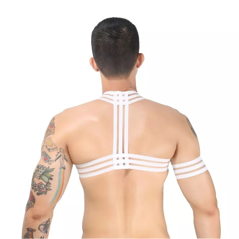 a sexy man in white Men’s The Lewk Chest Harness Set – pridevoyageshop.com – gay men’s harness, lingerie and fetish wear