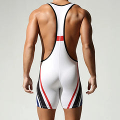 a sexy man in white Men’s Trophy Boy Racing Stripe Singlet – pridevoyageshop.com – gay men’s harness, lingerie and fetish wear