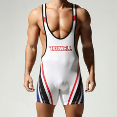 a sexy man in white Men’s Trophy Boy Racing Stripe Singlet – pridevoyageshop.com – gay men’s harness, lingerie and fetish wear