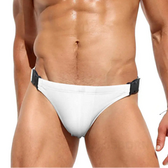 a sexy man in white Men’s Unclip Me Double Buckle Swim Briefs - pridevoyageshop.com - gay men’s sexy swim briefs, trunks, board shorts, and bikinis
