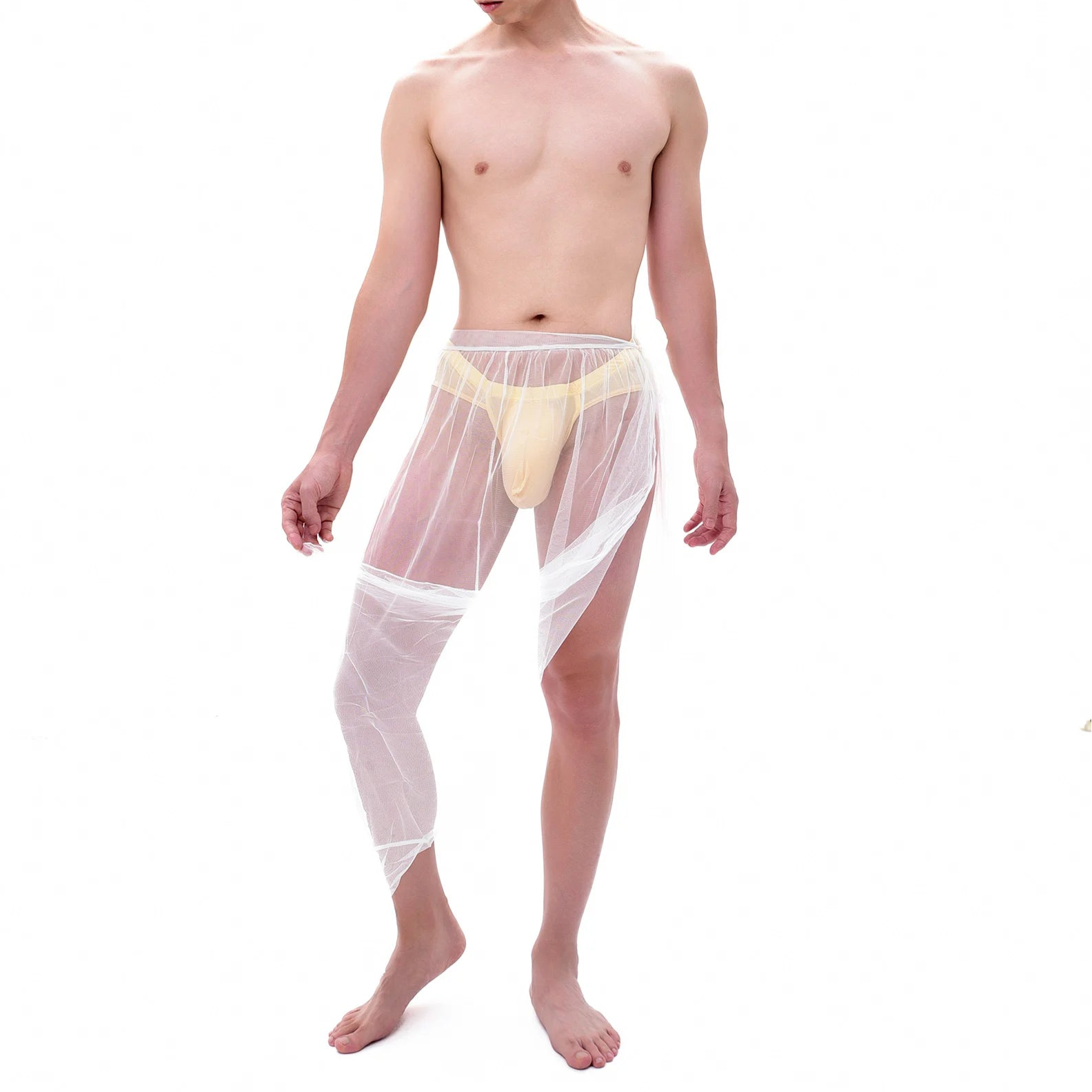 a sexy man in white Men’s Whisper Sheer Sarong – pridevoyageshop.com – gay men’s sexy swim briefs, trunks, board shorts, and bikinis