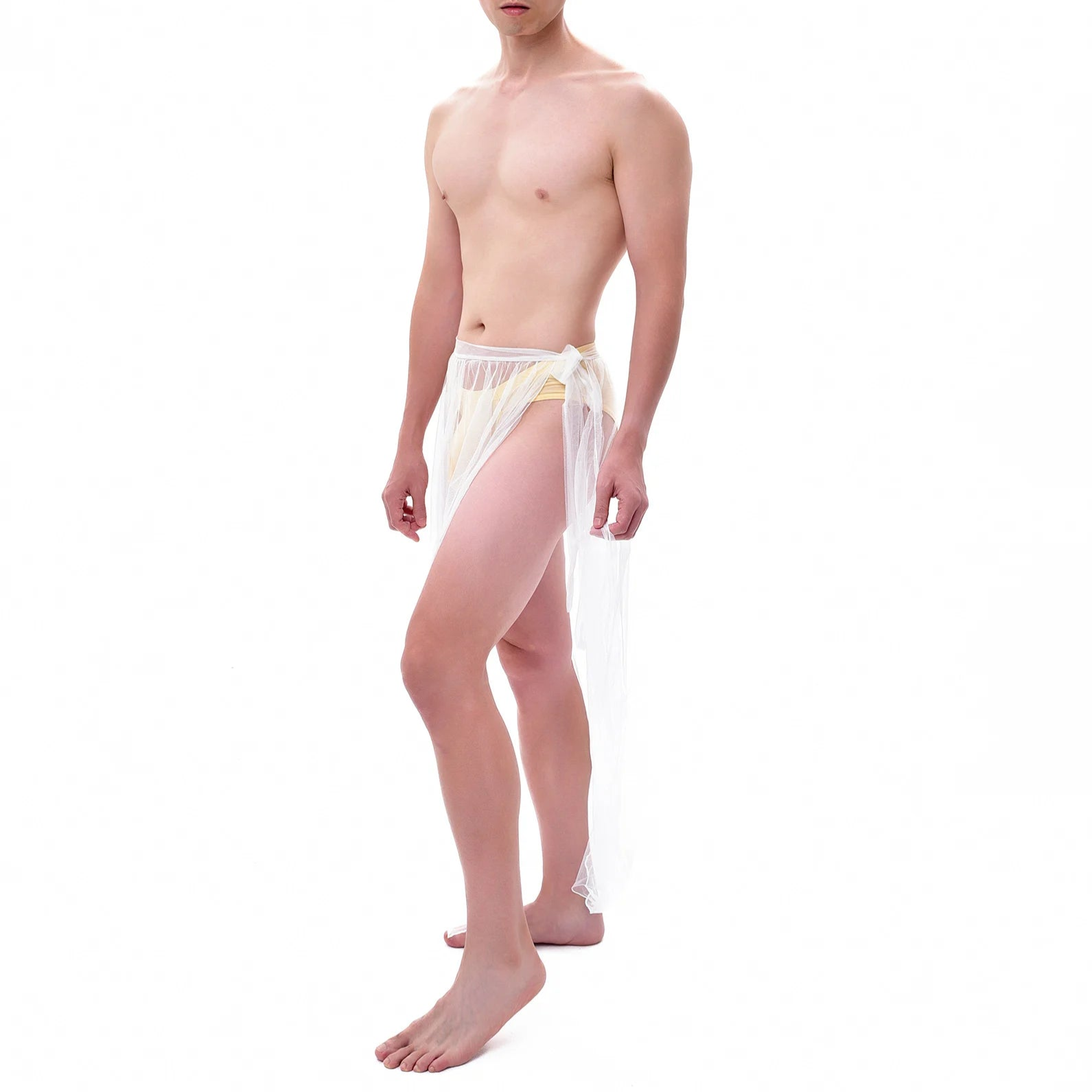a sexy man in white Men’s Whisper Sheer Sarong – pridevoyageshop.com – gay men’s sexy swim briefs, trunks, board shorts, and bikinis