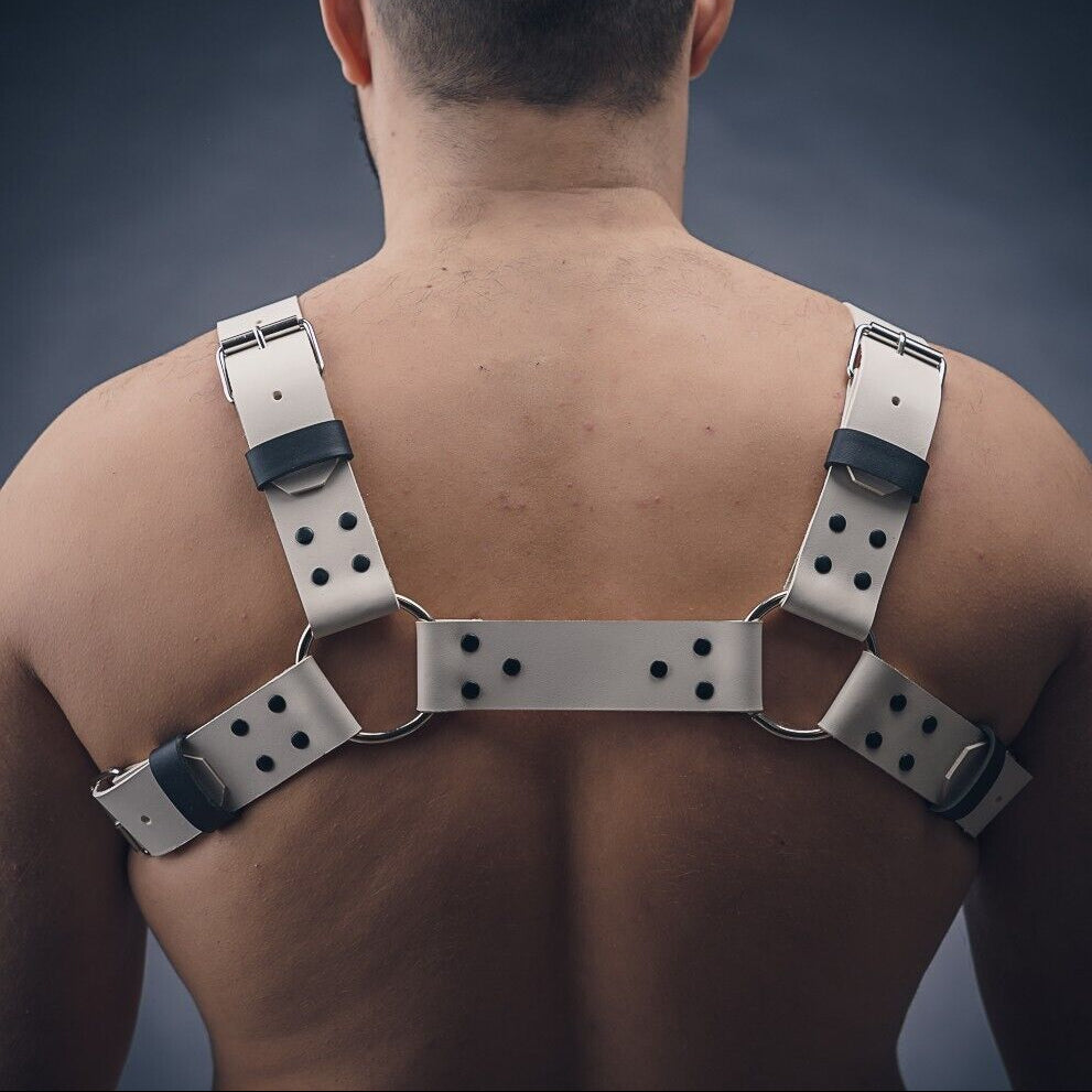 a sexy man in white Men’s White Flag Bulldog Harness – pridevoyageshop.com – gay men’s harness, lingerie and fetish wear