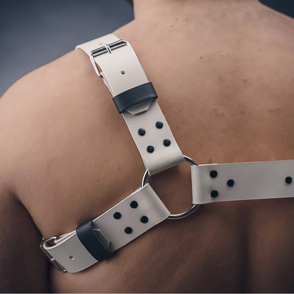a sexy man in white Men’s White Flag Bulldog Harness – pridevoyageshop.com – gay men’s harness, lingerie and fetish wear