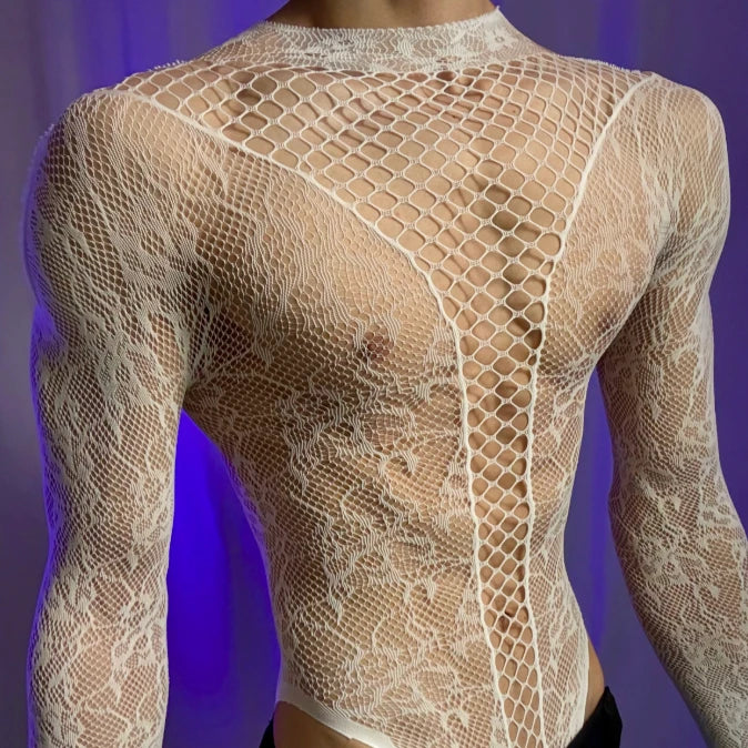 a sexy man in white Moonlit Filigree Lace Mesh Bodysuit - pridevoyageshop.com - gay men’s harness, lingerie and fetish wear