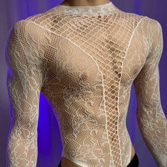 a sexy man in white Moonlit Filigree Lace Mesh Bodysuit - pridevoyageshop.com - gay men’s harness, lingerie and fetish wear